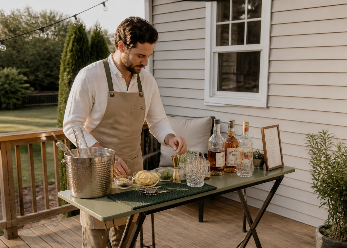 Private bartender prepping citrus garnishes and glassware at a small bar table on a backyard deck beside a house