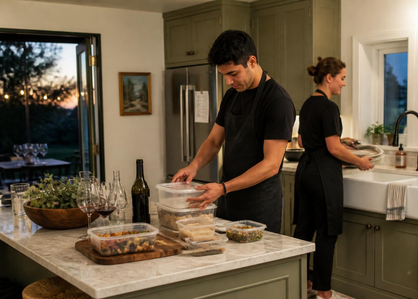 Two event staff packing leftovers and washing dishes in a private home kitchen after a family party, patio door open to the yard