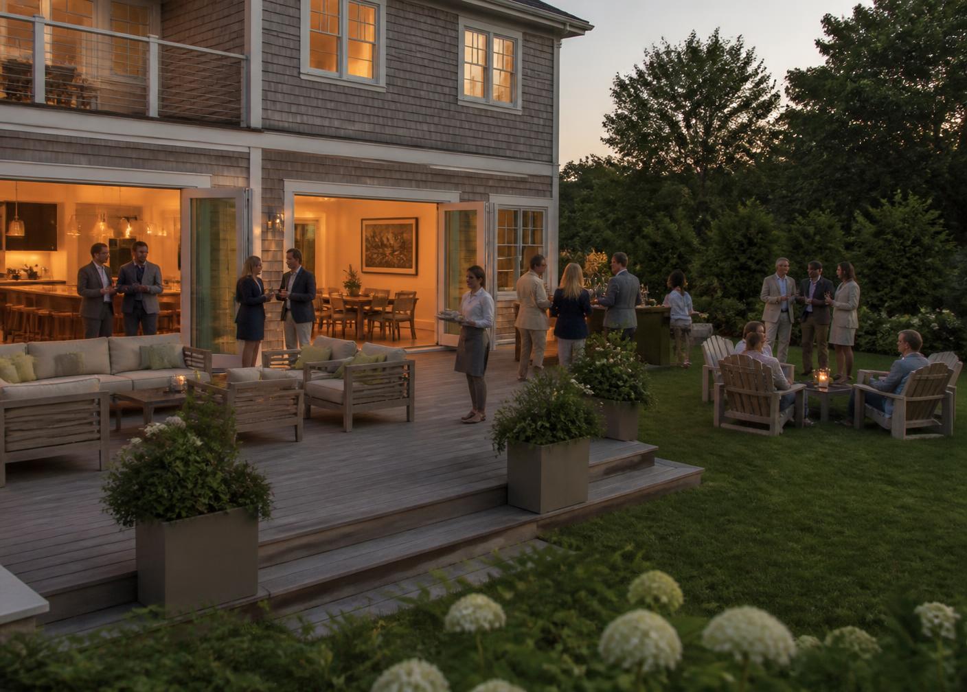 Private home party at dusk seen from the lawn, with about twenty guests in small groups on a large wooden deck and around a fire table on the grass, open patio doors showing a lit home kitchen and dining room, and a server clearing plates