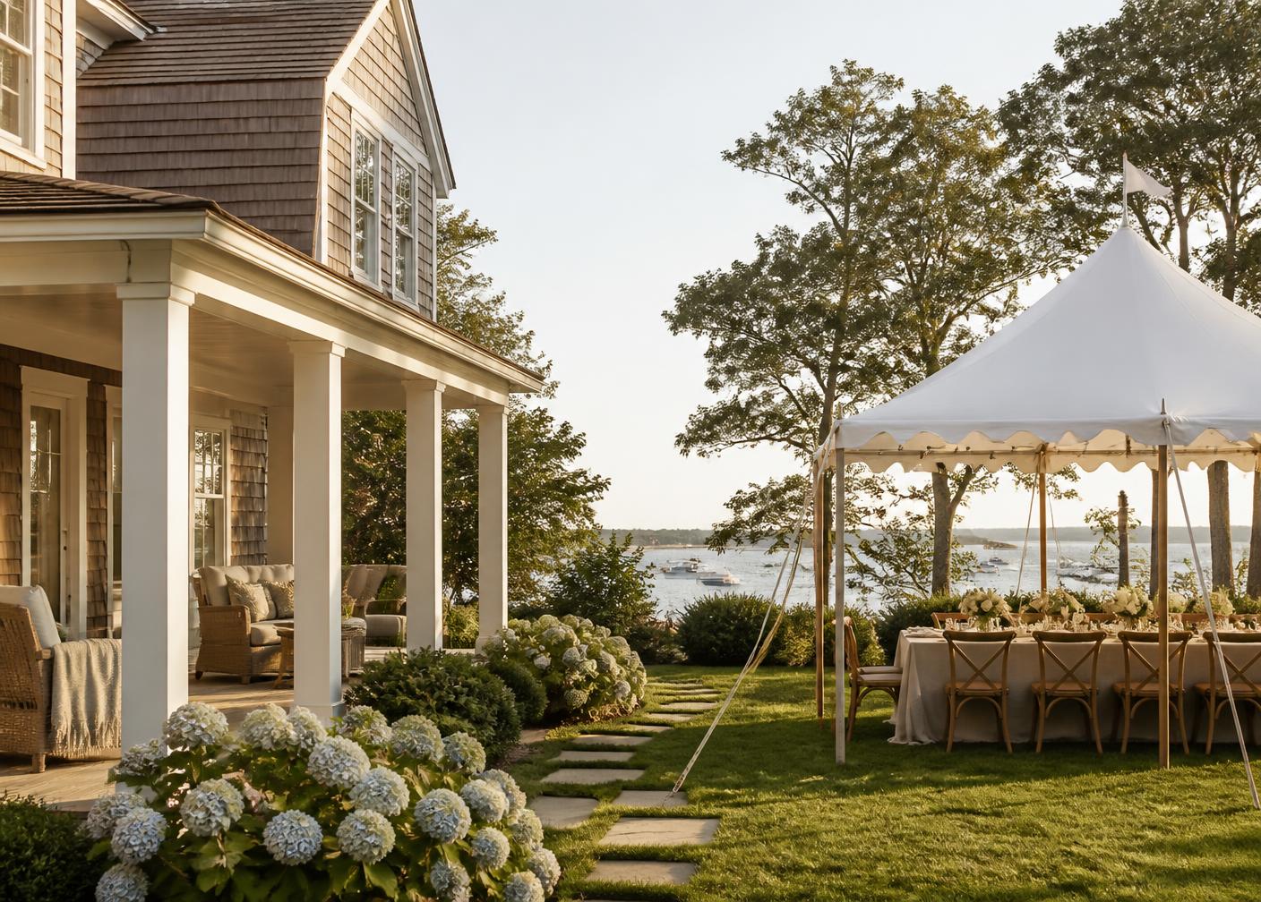 Backyard tent set with a long table on the lawn of a cedar-shingled Suffolk County home with hydrangeas and a harbor view